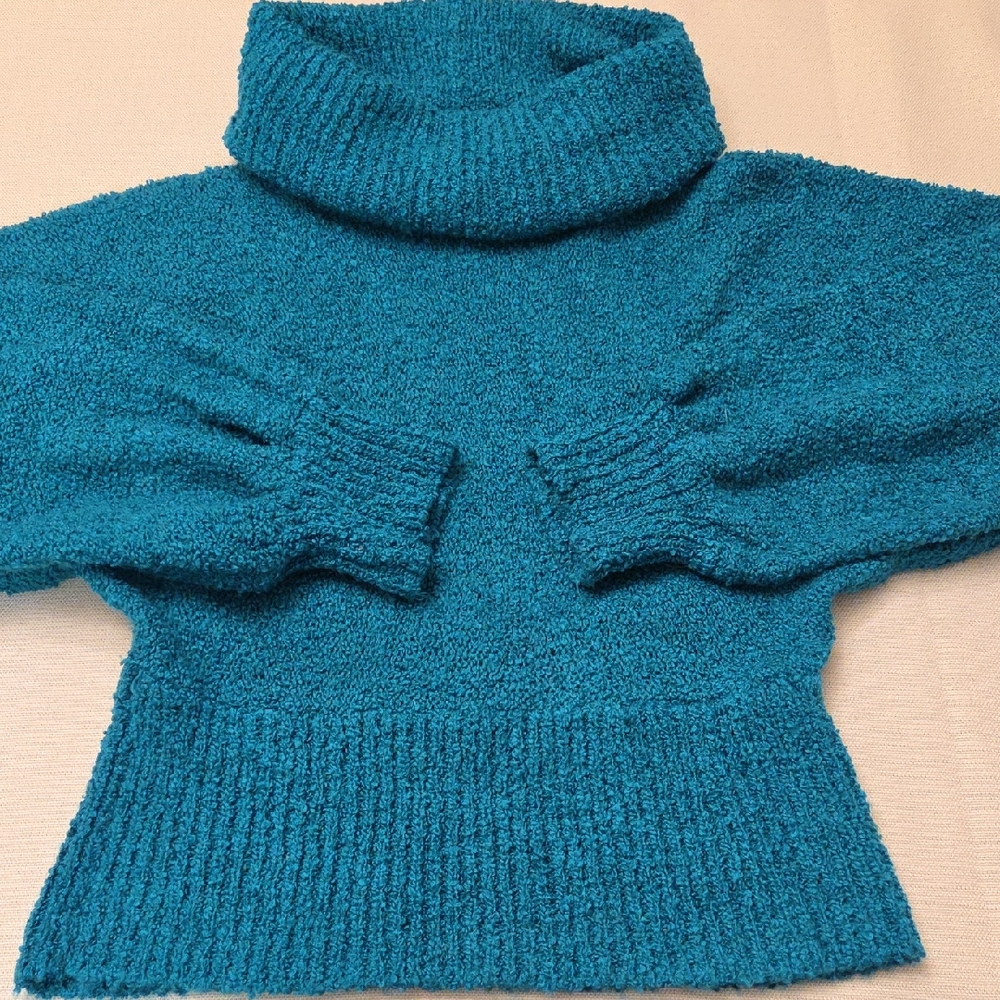 Vintage L'Americaine Elegant Teal Cowl Turtleneck Sweater Huge Sleeves!! 60s